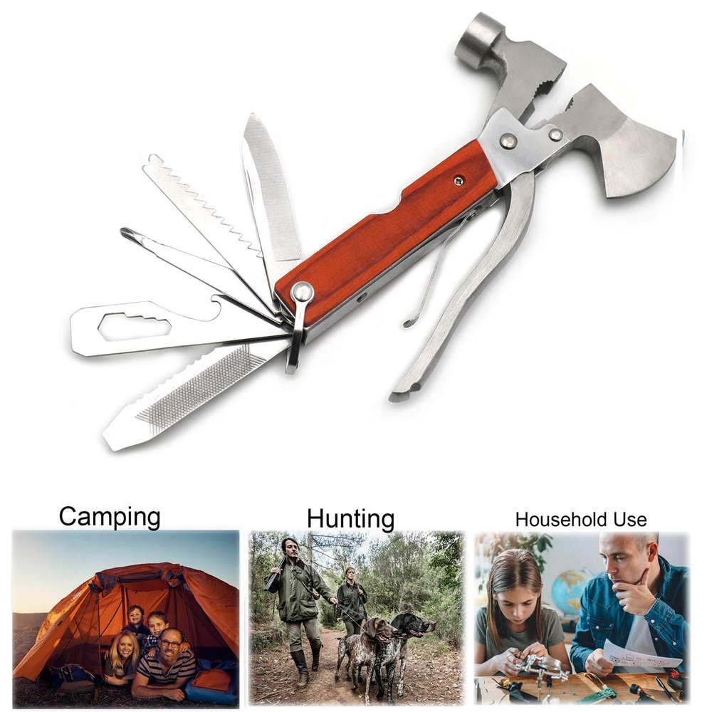 XKH- 16 in 1 Survival Gear Camping Multi tool Tool Stainless Steel For Hiking Fishing Outdoor Emergency Kit w/Hammer Axe Knife Bottle Opener Screwdriver etc [P/N: ET-TOOL015-RED]