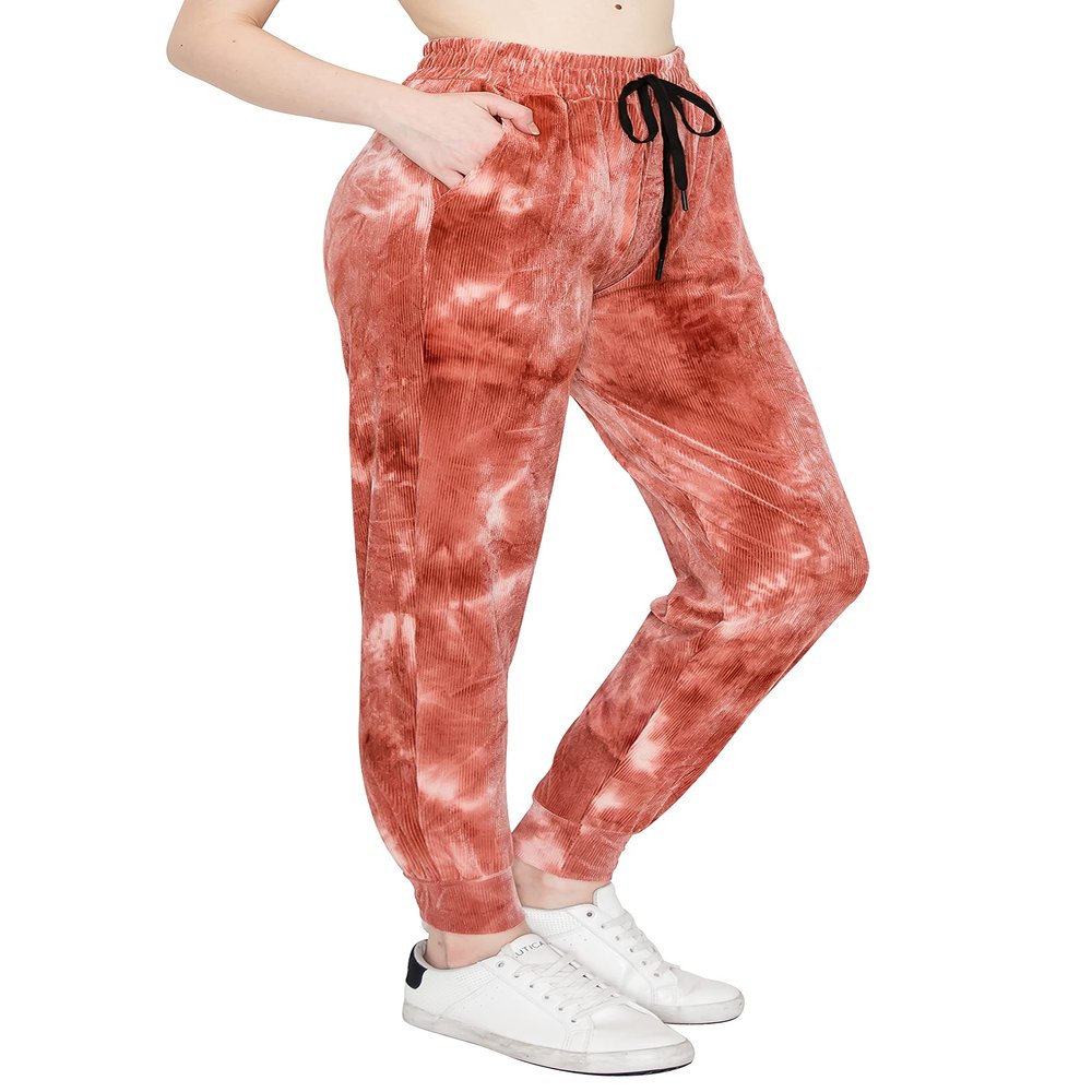 ALWAYS Women's Ribbed Tie Dye Jogger Pants - Rib Knit Active Track Lounge Sweatpants Brown L