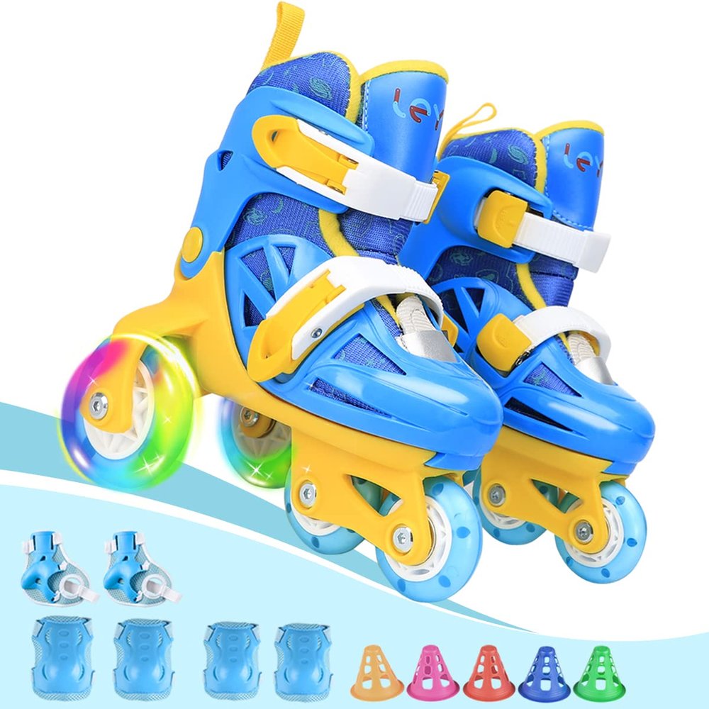 Kids Quad Roller Skate,Roller Skates for Girls Boys,with Adjustable Size&Double Brakes&Luminous Wheels&Protective Gear,3-Point Balance Roller Shoes for Beginners,for Indoor Outdoor