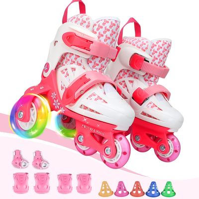 Kids Quad Roller Skate,Roller Skates for Girls Boys,with Adjustable Size&Double Brakes&Luminous Wheels&Protective Gear,3-Point Balance Roller Shoes for Beginners,for Indoor Outdoor