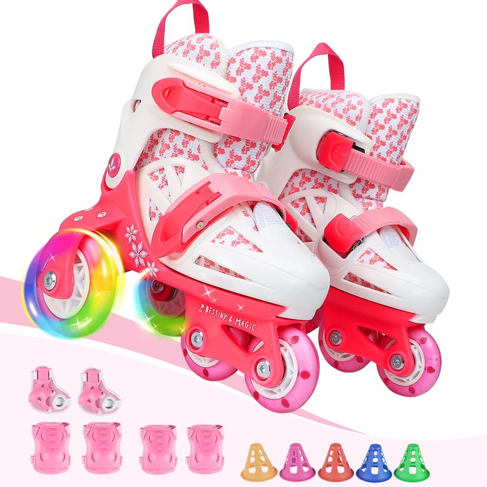 Kids Quad Roller Skate,Roller Skates for Girls Boys,with Adjustable Size&Double Brakes&Luminous Wheels&Protective Gear,3-Point Balance Roller Shoes for Beginners,for Indoor Outdoor