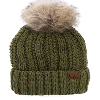 C.C Thick Cable Knit Faux Fuzzy Fur Pom Fleece Lined Skull Cap Cuff Beanie (Confetti Olive)
