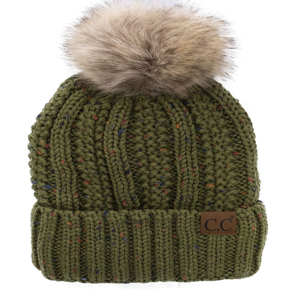 C.C Thick Cable Knit Faux Fuzzy Fur Pom Fleece Lined Skull Cap Cuff Beanie (Confetti Olive)