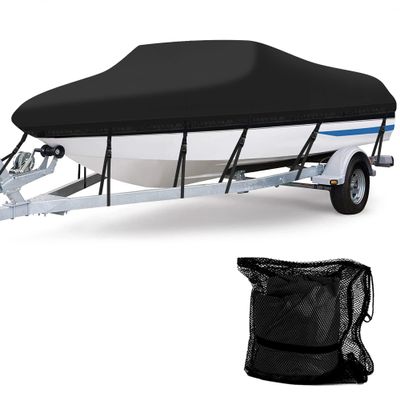 20-22 ft Waterproof Boat Cover - 600D Heavy Duty Polyester Oxford Trailerable Bass Runabout Boat Cover, Durable and Tear Proof, All Weather Outdoor Protection Fit V-Hull, TRI-Hull | Black