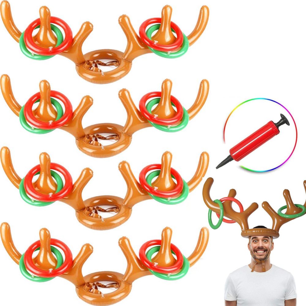 4 Pack Inflatable Antler Ring Games, Reindeer Ring Stocking Stuffers for Christmas Party Games Funny Gifts Adults Outdoor Indoor Favors (4 Antlers,16 Rings,1 Pump)