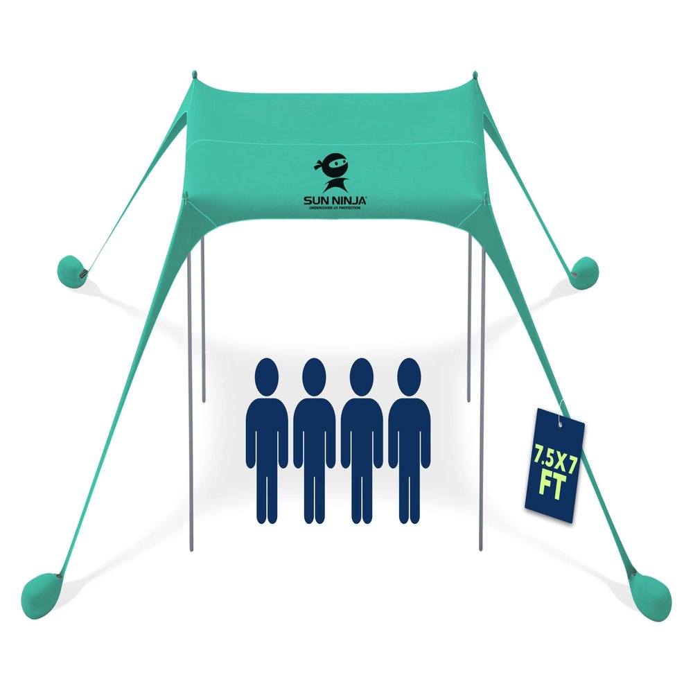 SUN NINJA Pop Up Beach Tent Sun Shelter UPF50+ with Sand Shovel, Ground Pegs and Stability Poles, Outdoor Shade for Camping Trips, Fishing, Backyard Fun or Picnics (7x7.5 FT 4 Pole, Green)
