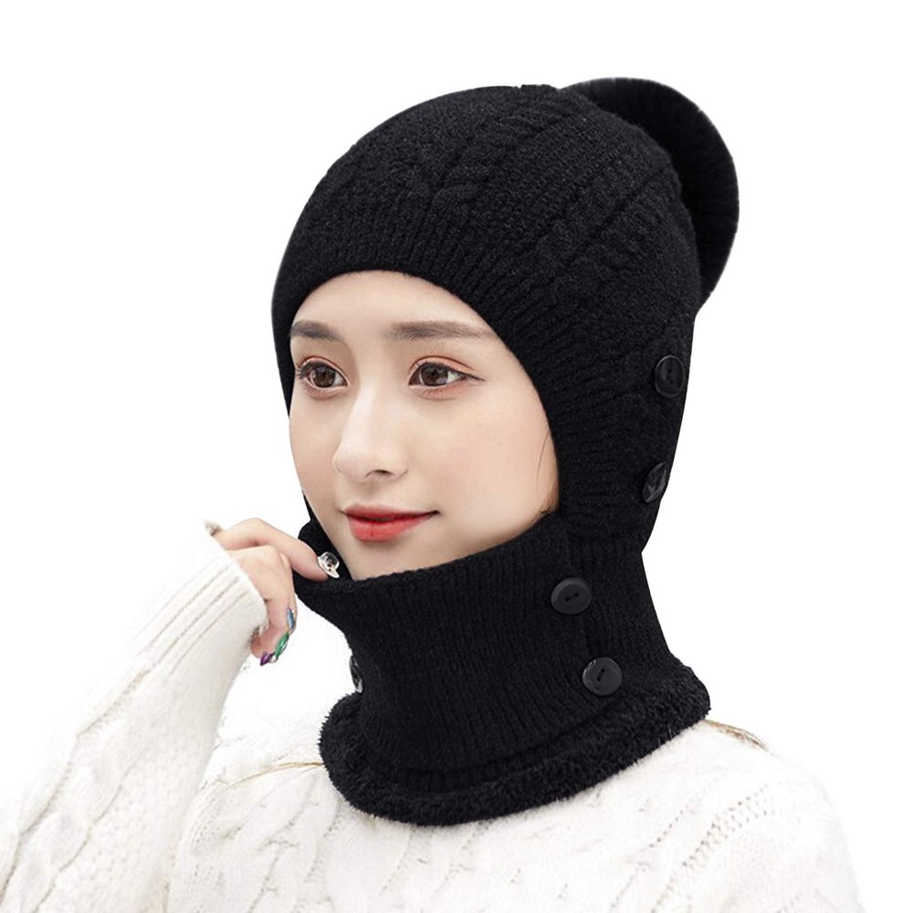 3 in 1 Knit Beanie Neck Gaiter Mask Set Women Winter Thermal Fleece Liner Skull Cap Neckerchief Mufflers Face Bandana Windproof Cycling Camping Ski Full Hood Cap Balaclava Headwear Black