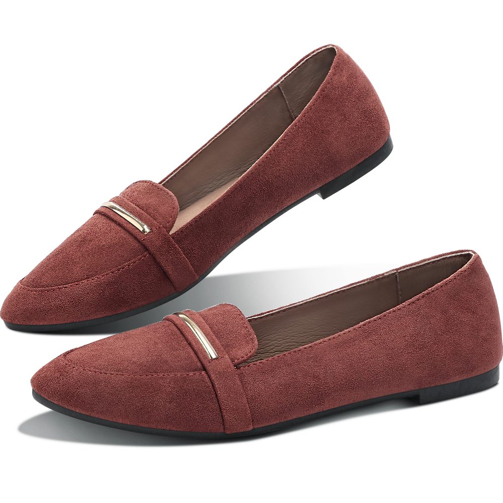 Obtaom Women's Pointy Toe Loafer Flat Comfortable Faux Suede Work Shoes,Cute Penny Loafer Slip On Ballet Flat(Jujube US8)