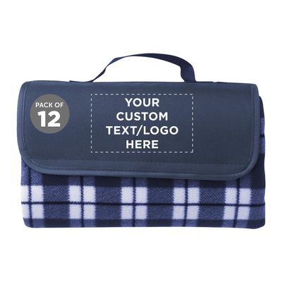 DISCOUNT PROMOS 12 Brookhaven Roll Up Picnic Blankets Set - Customizable Text, Logo - Fleece, Woven Handle - Navy Blue