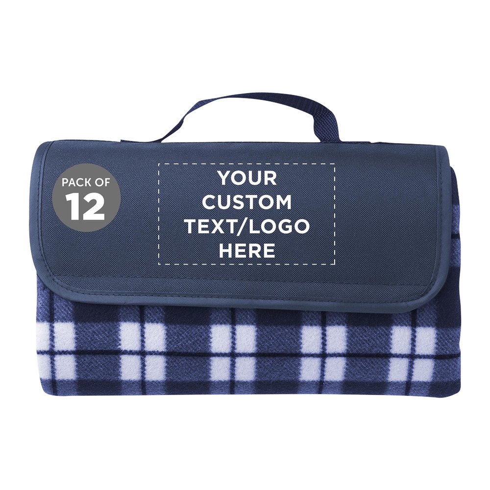DISCOUNT PROMOS 12 Brookhaven Roll Up Picnic Blankets Set - Customizable Text, Logo - Fleece, Woven Handle - Navy Blue