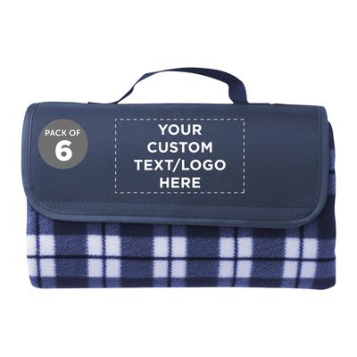 DISCOUNT PROMOS 6 Brookhaven Roll Up Picnic Blankets Set - Customizable Text, Logo - Fleece, Woven Handle - Navy Blue