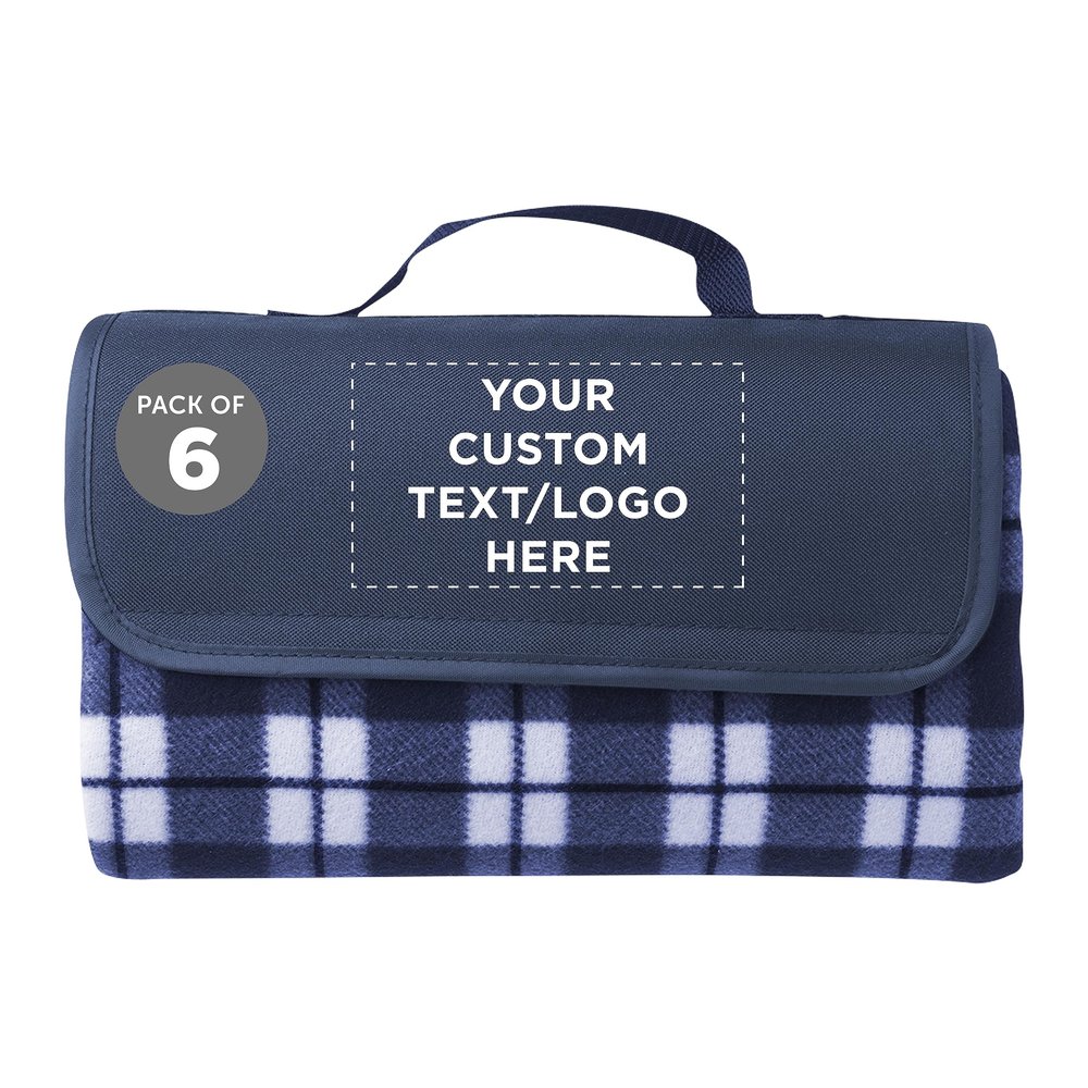 DISCOUNT PROMOS 6 Brookhaven Roll Up Picnic Blankets Set - Customizable Text, Logo - Fleece, Woven Handle - Navy Blue