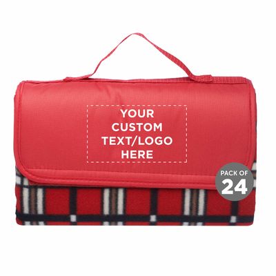 DISCOUNT PROMOS Custom Brookhaven Roll Up Picnic Blankets Set of 24, Personalized Bulk Pack - Great Outdoor Blanket for Camping, Picnic, Beach, Sports, Outdoor Activities - Red