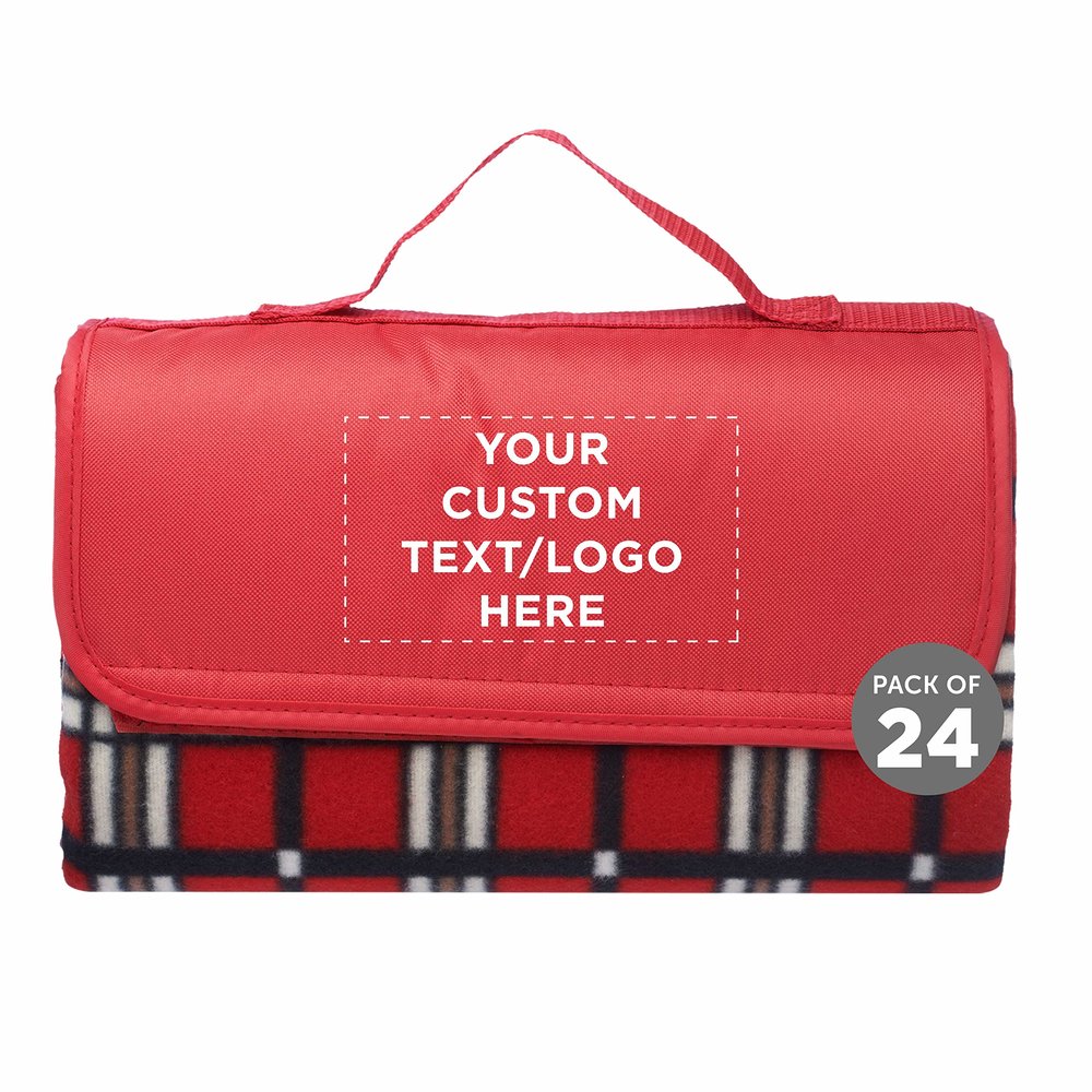 DISCOUNT PROMOS Custom Brookhaven Roll Up Picnic Blankets Set of 24, Personalized Bulk Pack - Great Outdoor Blanket for Camping, Picnic, Beach, Sports, Outdoor Activities - Red