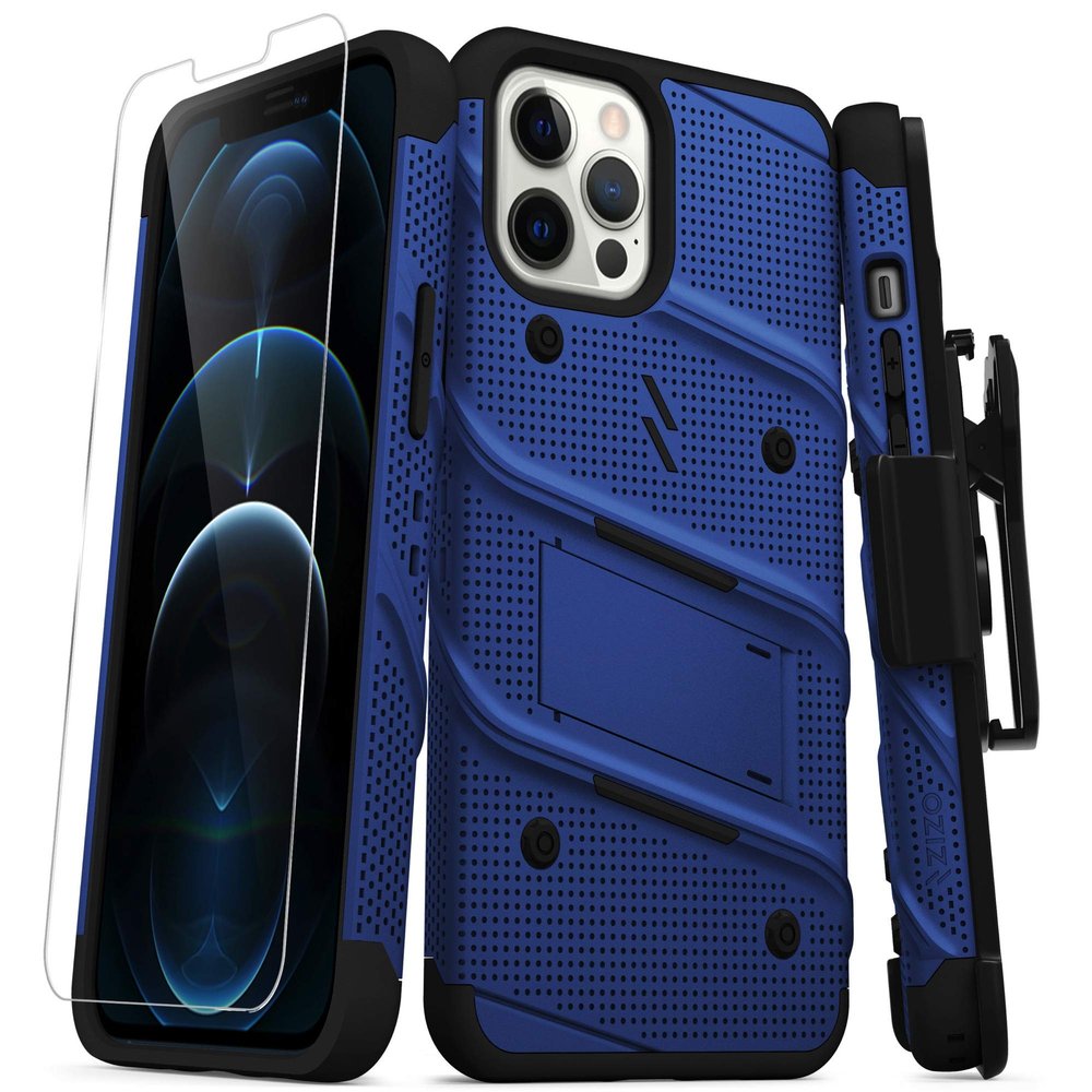 Zizo Bolt Series for iPhone 12 Pro Max Case with Screen Protector Kickstand Holster Lanyard - Blue & Black, BOLT-IPH1267-BLBK