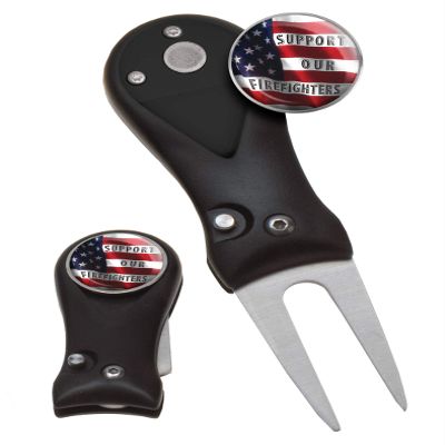 Clip Wipes Fire Department Divot Tool and Ball Marker | Switchblade Style | & Firefighters Ball Markers (Black-Support-1)