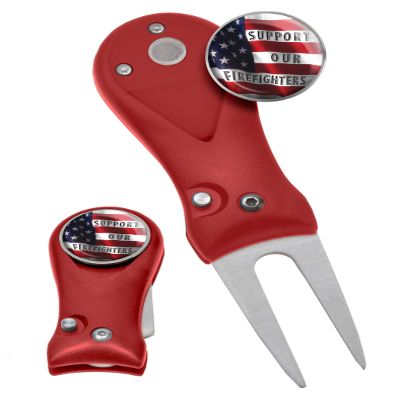 Clip Wipes Fire Department Divot Tool and Ball Marker | Switchblade Style | & Firefighters Ball Markers (Red-Support-1)