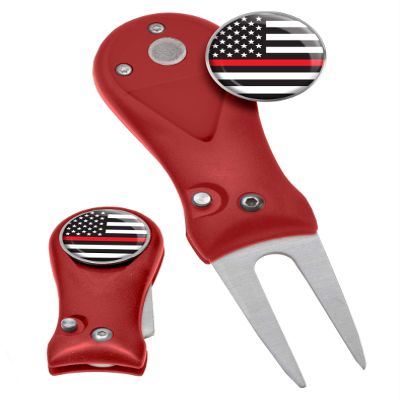 Clip Wipes Fire Department Divot Tool and Ball Marker | Switchblade Style | & Firefighters Ball Markers (Red-Flag-1)