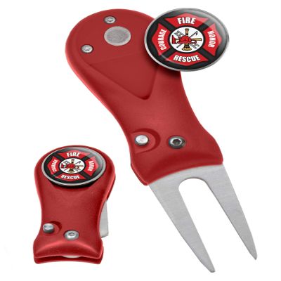 Clip Wipes Fire Department Divot Tool and Ball Marker | Switchblade Style | & Firefighters Ball Markers (Red-Seal-1)