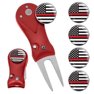 Clip Wipes Fire Department Divot Tool and Ball Marker | Switchblade Style | & Firefighters Ball Markers (Red-Flag-5)