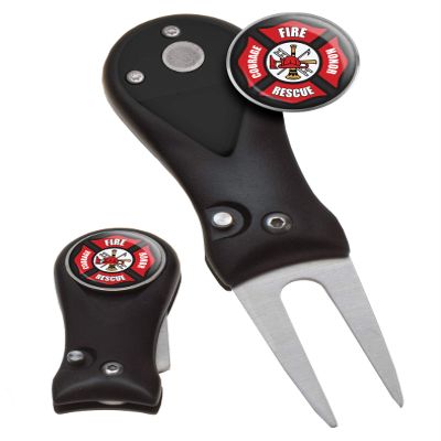 Clip Wipes Fire Department Divot Tool and Ball Marker | Switchblade Style | & Firefighters Ball Markers (Black-Seal-1)