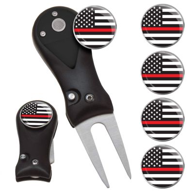 Clip Wipes Fire Department Divot Tool and Ball Marker | Switchblade Style | & Firefighters Ball Markers (Black-Flag-5)