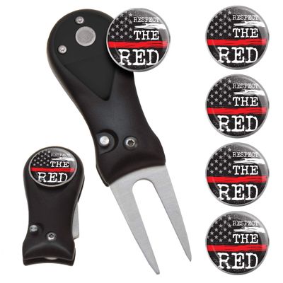 Clip Wipes Fire Department Divot Tool and Ball Marker | Switchblade Style | & Firefighters Ball Markers (Black-Respect-5)