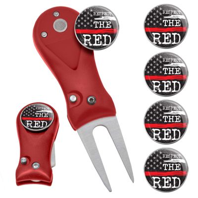 Clip Wipes Fire Department Divot Tool and Ball Marker | Switchblade Style | & Firefighters Ball Markers (Red-Respect-5)
