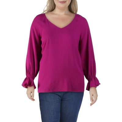 bar III Womens Plus Ruffled V-Neck Blouse Purple 3X