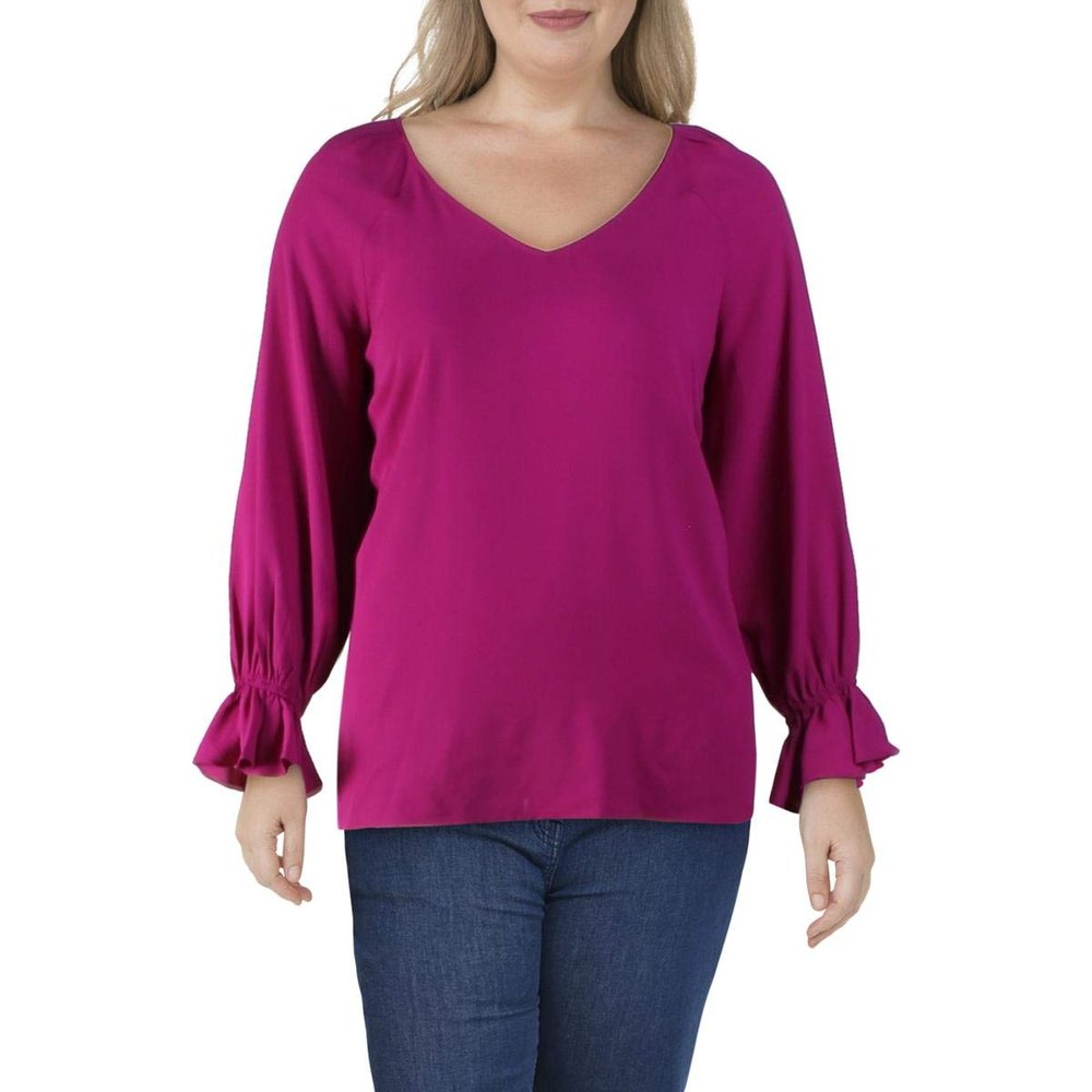 bar III Womens Plus Ruffled V-Neck Blouse Purple 3X