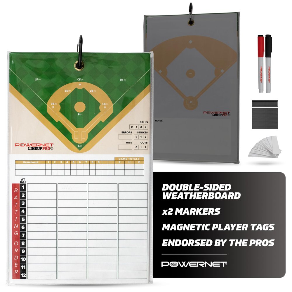 PowerNet Magnetic Softball & Baseball Lineup Board for Dugout, Waterproof Double Sided Communication Board with Fence Clip, Includes Dry Erase Markers & Player Name Tags