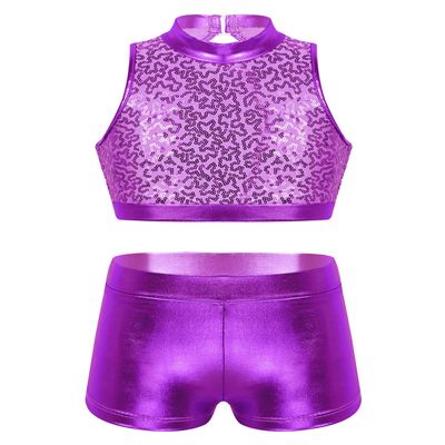 Agoky Kids Girls Ballet Athletic Tracksuits Outfits Sports Dance Crop Tops with Dancing Bottoms Shorts Gymnastics Dancing Purple Sparkly 7-8