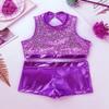 Agoky Kids Girls Ballet Athletic Tracksuits Outfits Sports Dance Crop Tops with Dancing Bottoms Shorts Gymnastics Dancing Purple Sparkly 7-8 view 3