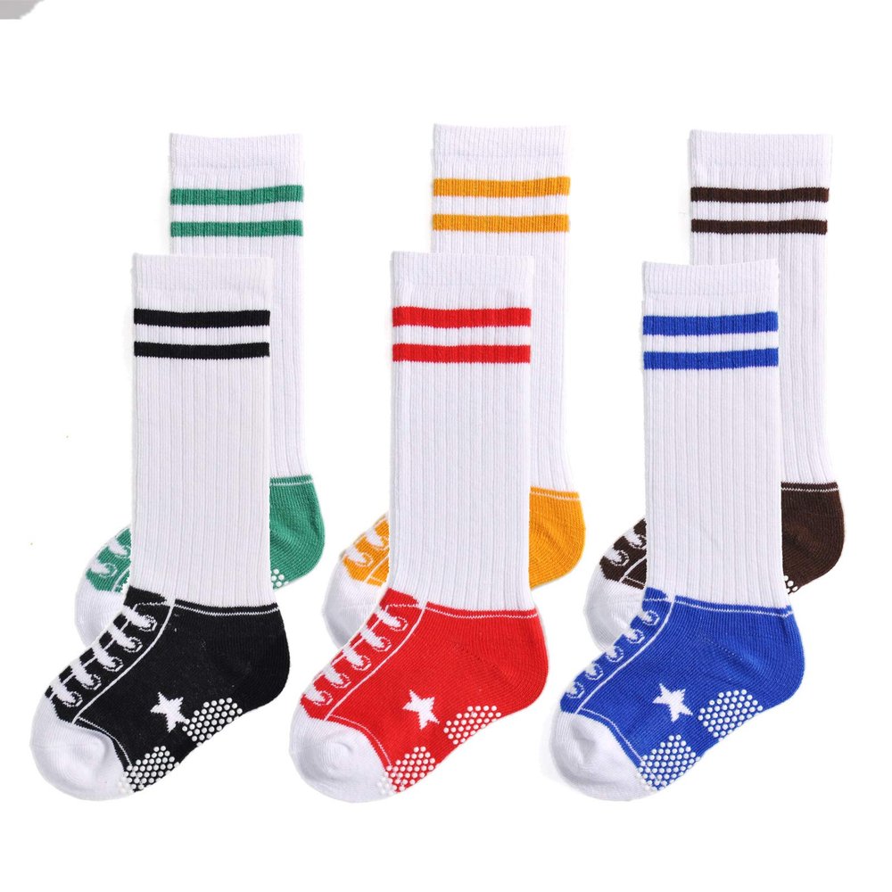 EPEIUS Baby Girls/Boys Non-Slip Knee Highs Toddler Girl Socks Like Shoes Anti Slip Stockings Booties Grip Socks 12-24 Months Star Knee High (Set of 6)
