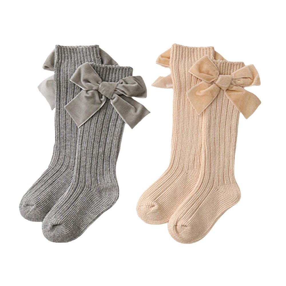 Kayotuas Baby Girls Knee High Socks with Bows Long Tube Ruffled Uniform Stockings Infant Toddler Ribbed Knit Socks (2-Pack Beige+Grey, 0-12 Months)