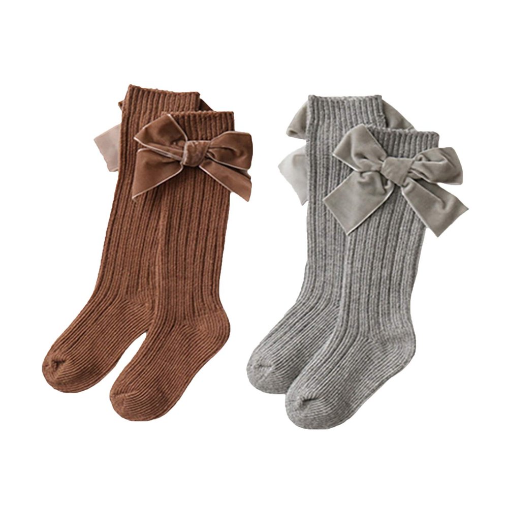 Kayotuas Baby Girls Knee High Socks with Bows Long Tube Ruffled Uniform Stockings Infant Toddler Ribbed Knit Socks (2-Pack Coffee+Grey, 0-12 Months)