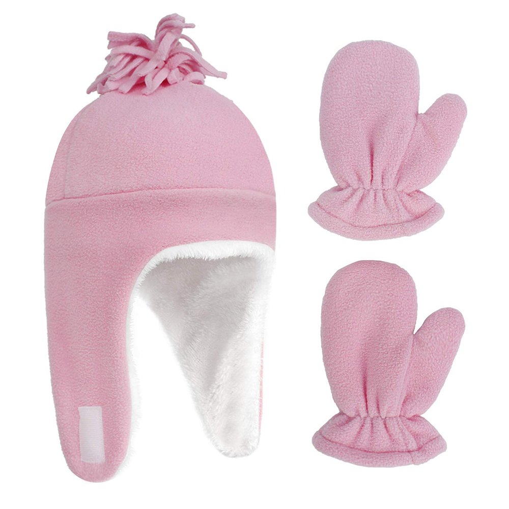 Kids Hat and Gloves Set Lined Beanie Hat with Earflaps Mitten Cold Weather Set for Boys and Girls Winter Fleece Lined Beanie Gloves Christmas New Year Warm Gift Pink