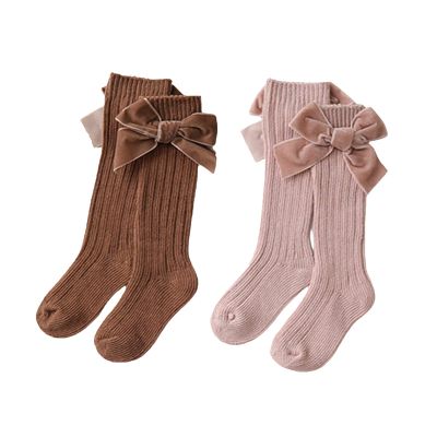Kayotuas Baby Girls Knee High Socks with Bows Long Tube Ruffled Uniform Stockings Infant Toddler Ribbed Knit Socks (2-Pack Coffee+Pink, 0-12 Months)