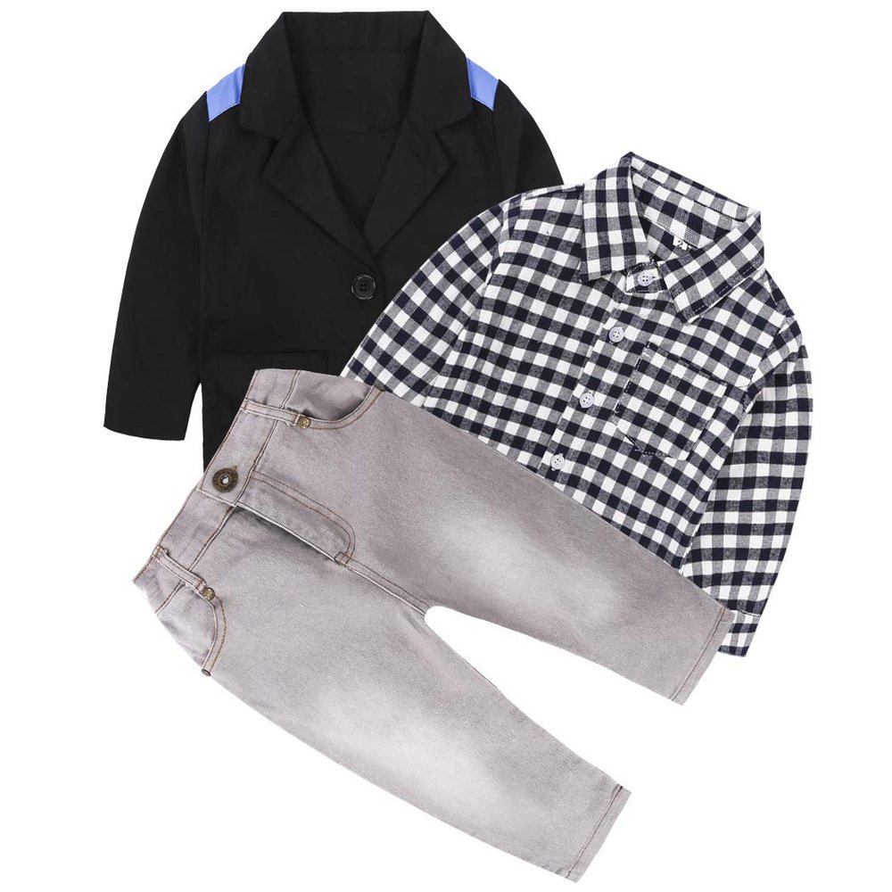 MYGBCPJS 3Pcs Boys Gentleman Outfits Set Kids Formal Jacket Suit Black Coat + Plaid Shirt + Jeans