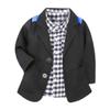MYGBCPJS 3Pcs Boys Gentleman Outfits Set Kids Formal Jacket Suit Black Coat + Plaid Shirt + Jeans view 3