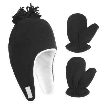 Kids Hat and Gloves Set Lined Beanie Hat with Earflaps Mitten Cold Weather Set for Boys and Girls Winter Fleece Lined Beanie Gloves Christmas New Year Warm Gift Grey