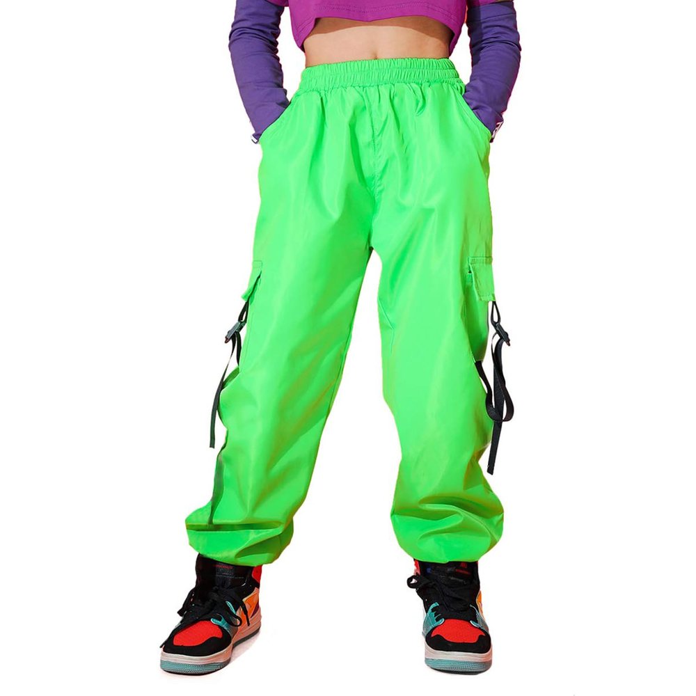 Rolanko Girls Jogger Cargo Pants with Pocket Bright Street Hip Hop Dance Trousers for Kids Hiking Clothing (Green, 12-14)