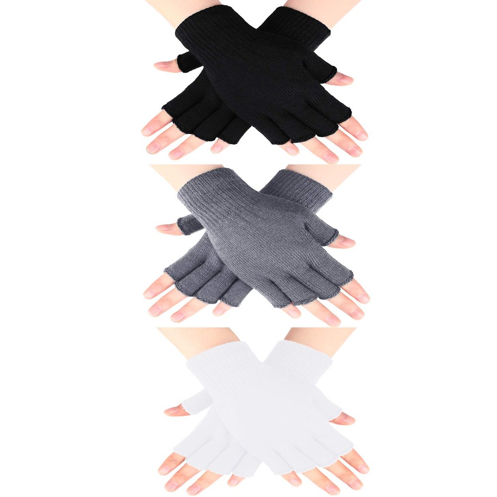 SATINIOR 3 Pairs Half Finger Gloves Winter Fingerless Knit Gloves for Typing in Cold Office(Black, Light Gray, White)