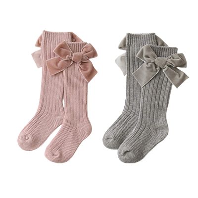 Kayotuas Baby Girls Knee High Socks with Bows Long Tube Ruffled Uniform Stockings Infant Toddler Ribbed Knit Socks (2-Pack Pink+Grey, 0-12 Months)
