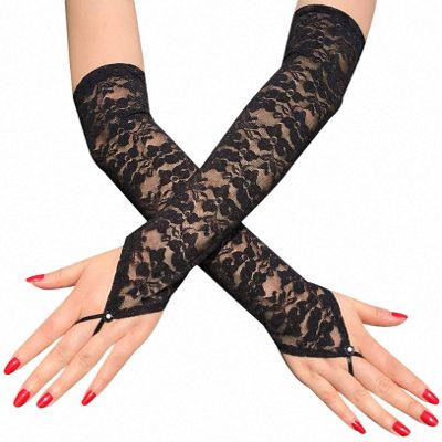 BOGZON Fingerless Lace Gloves for Women, Elbow Length Long Gloves, Cosplay 20s Accessories, Black, One Size