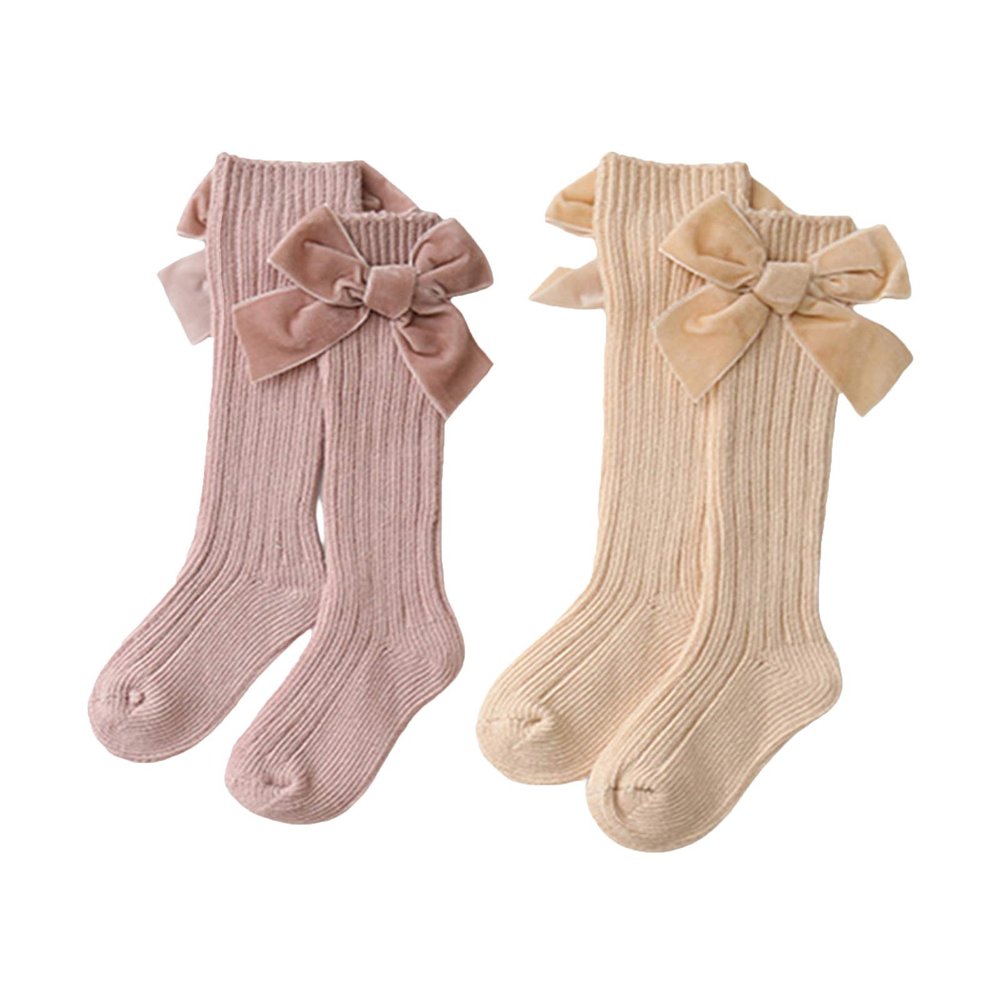 Kayotuas Baby Girls Knee High Socks with Bows Long Tube Ruffled Uniform Stockings Infant Toddler Ribbed Knit Socks (2-Pack Pink+Beige, 0-12 Months)