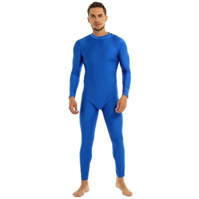 YOOJOO Mens One Piece Mock Neck Long Sleeve Solid Unitard Bodysuit Dancewear Sleepwear Base Layer Blue Large