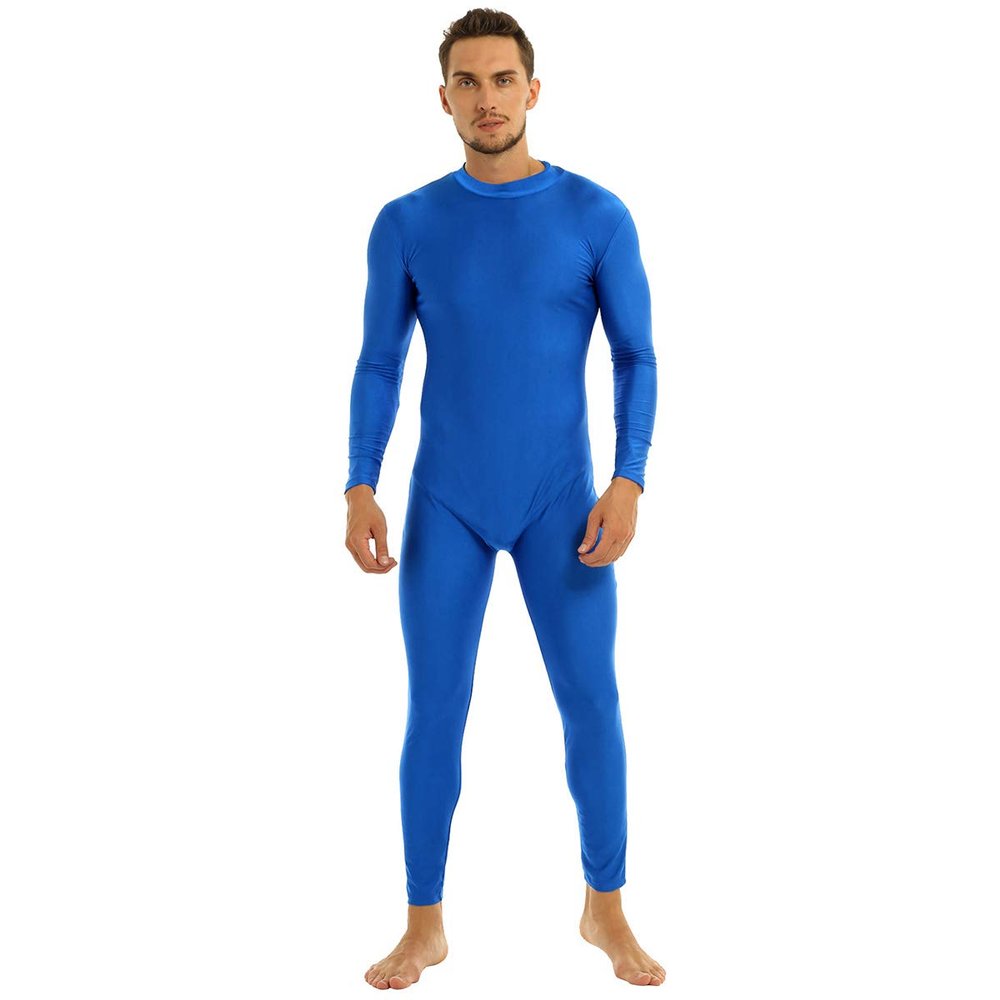 YOOJOO Mens One Piece Mock Neck Long Sleeve Solid Unitard Bodysuit Dancewear Sleepwear Base Layer Blue Large