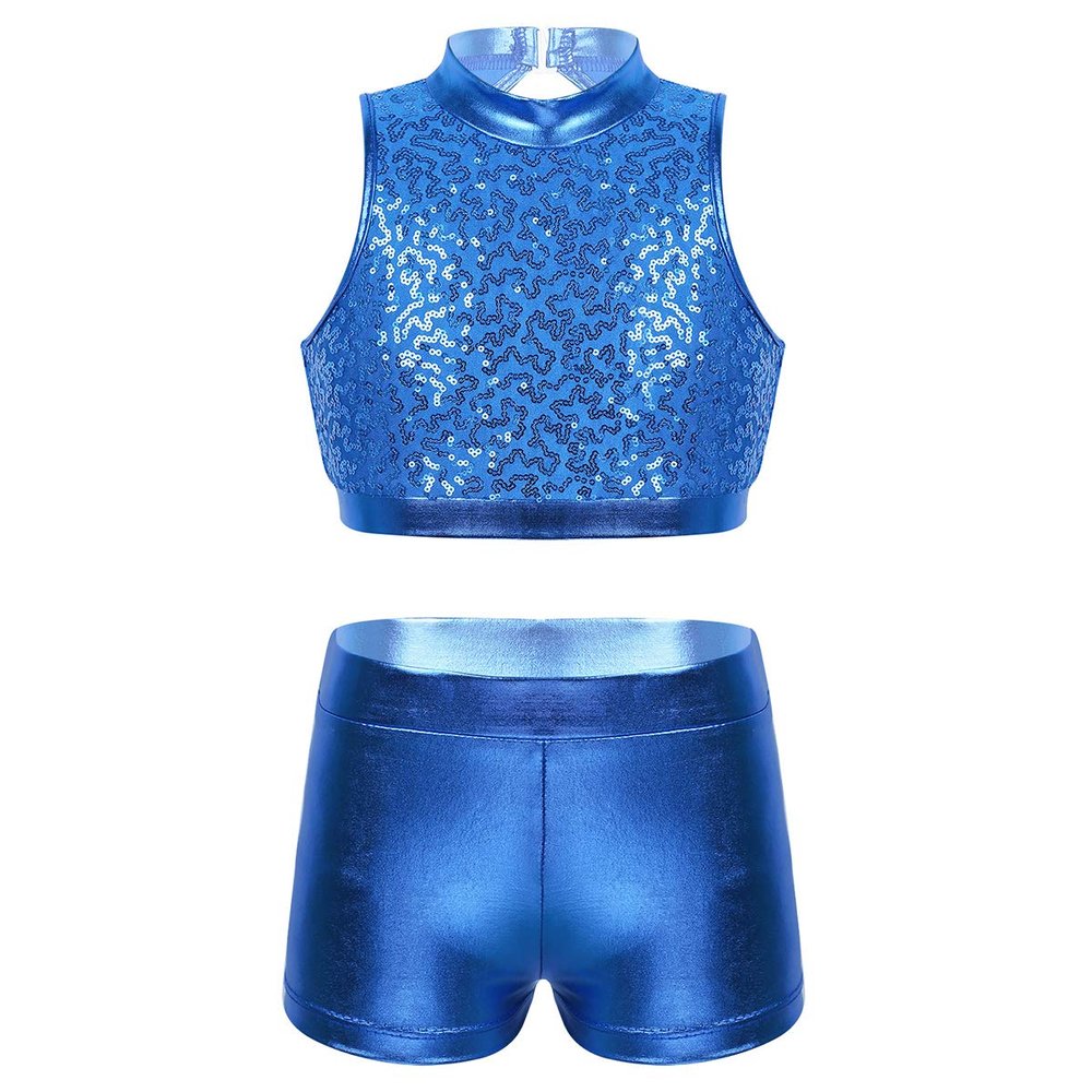 Agoky Kids Girls Ballet Athletic Tracksuits Outfits Sports Dance Crop Tops with Dancing Bottoms Shorts Gymnastics Dancing Blue Sparkly 9-10