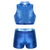 Agoky Kids Girls Ballet Athletic Tracksuits Outfits Sports Dance Crop Tops with Dancing Bottoms Shorts Gymnastics Dancing Blue Sparkly 9-10 view 1